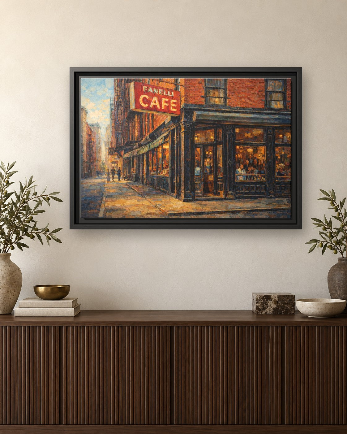 Fanelli Cafe framed canvas print hanging above a credenza