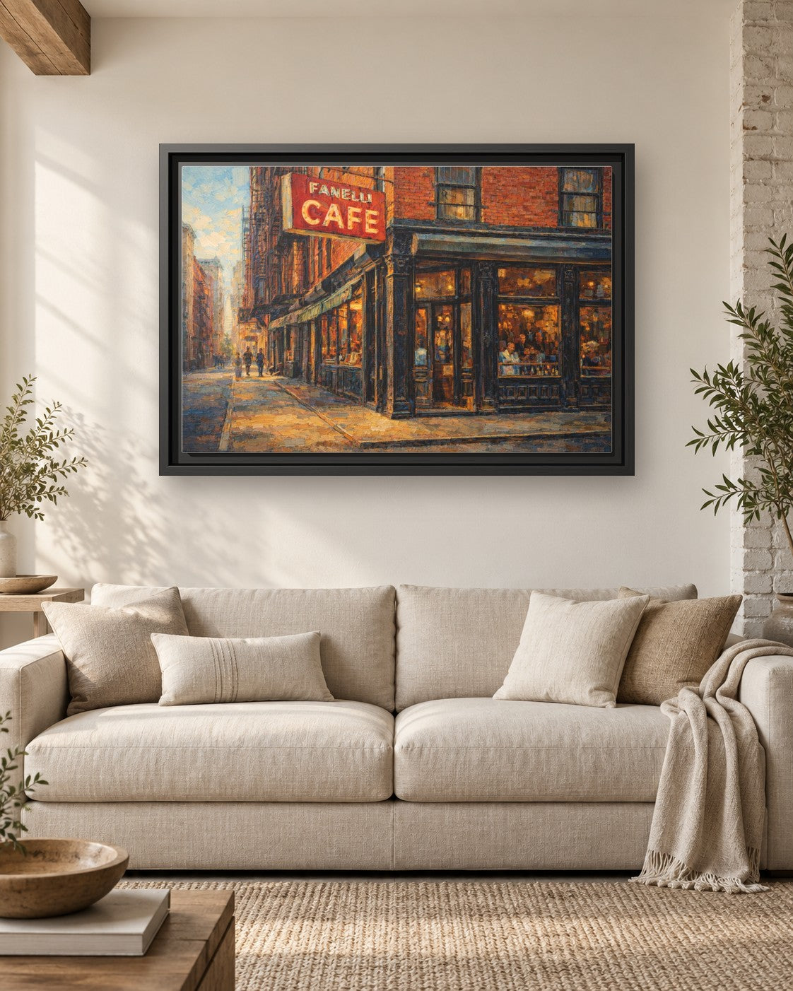 Fanelli Cafe framed canvas print hanging above a sofa