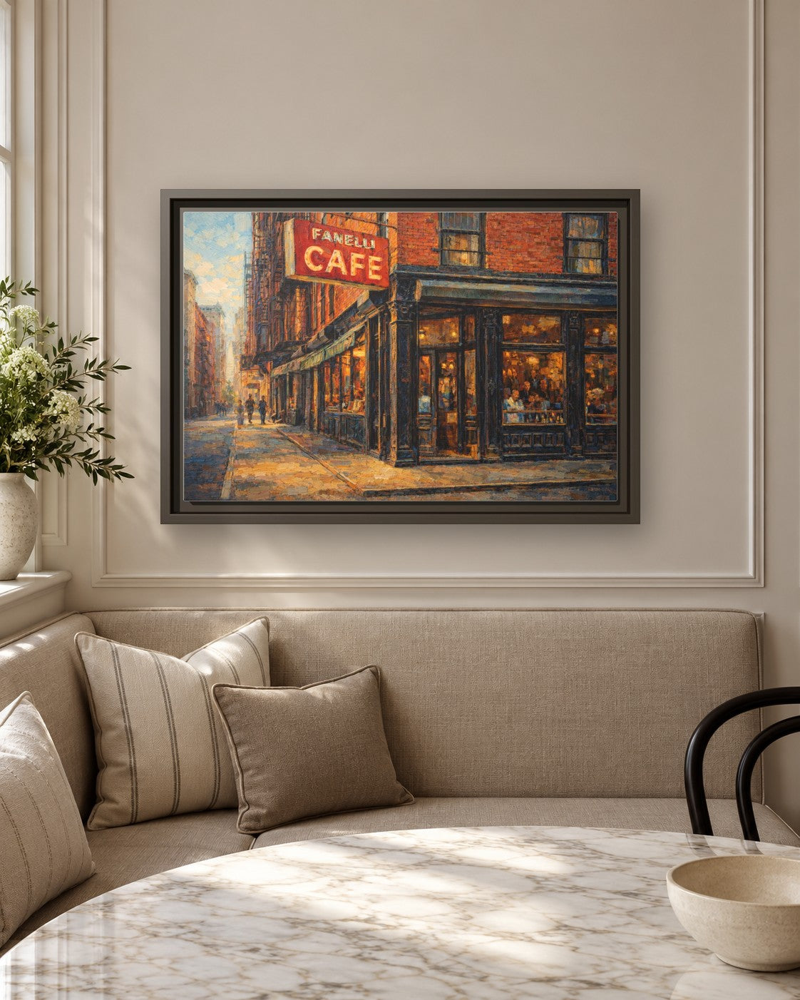 Fanelli Cafe framed canvas print in a breakfast nook