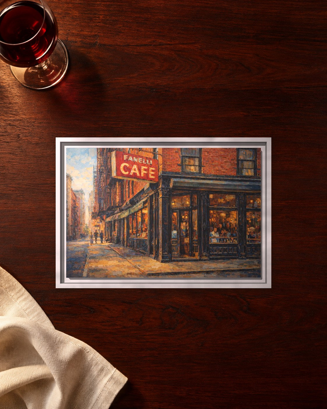 Fanelli Cafe framed canvas print lying on a table