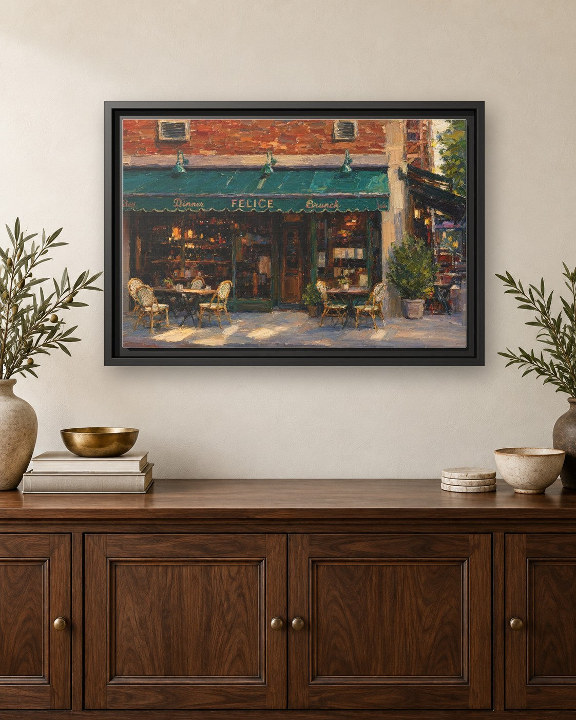 Felice 83 framed canvas print hanging above a credenza