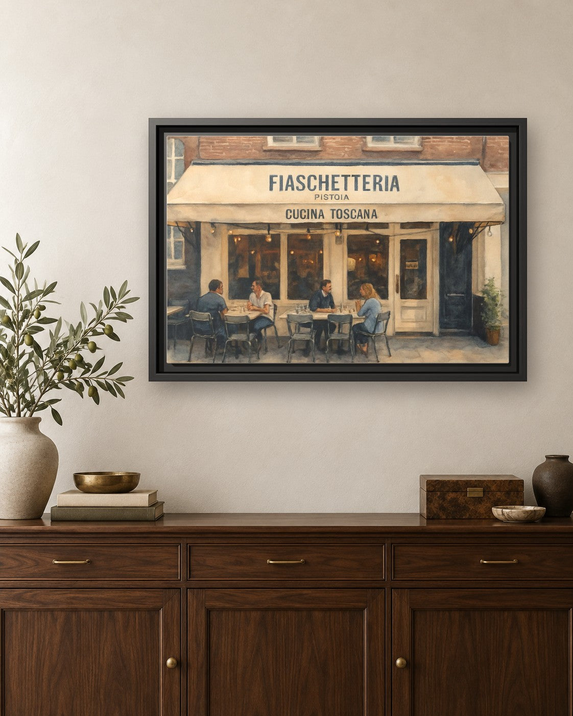Fiaschetteria Pistoia framed canvas print hanging above a credenza