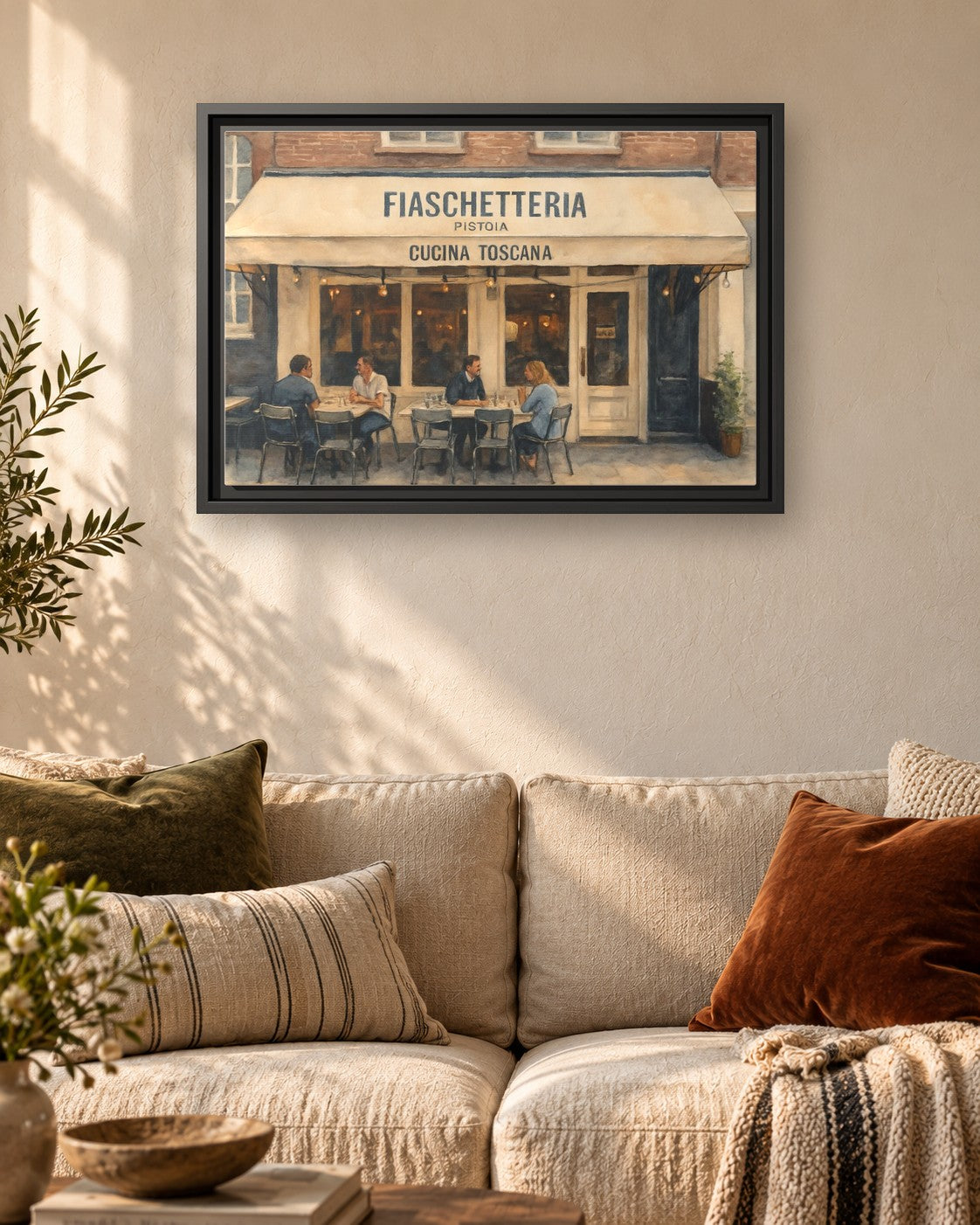 Fiaschetteria Pistoia framed canvas print hanging above a sofa