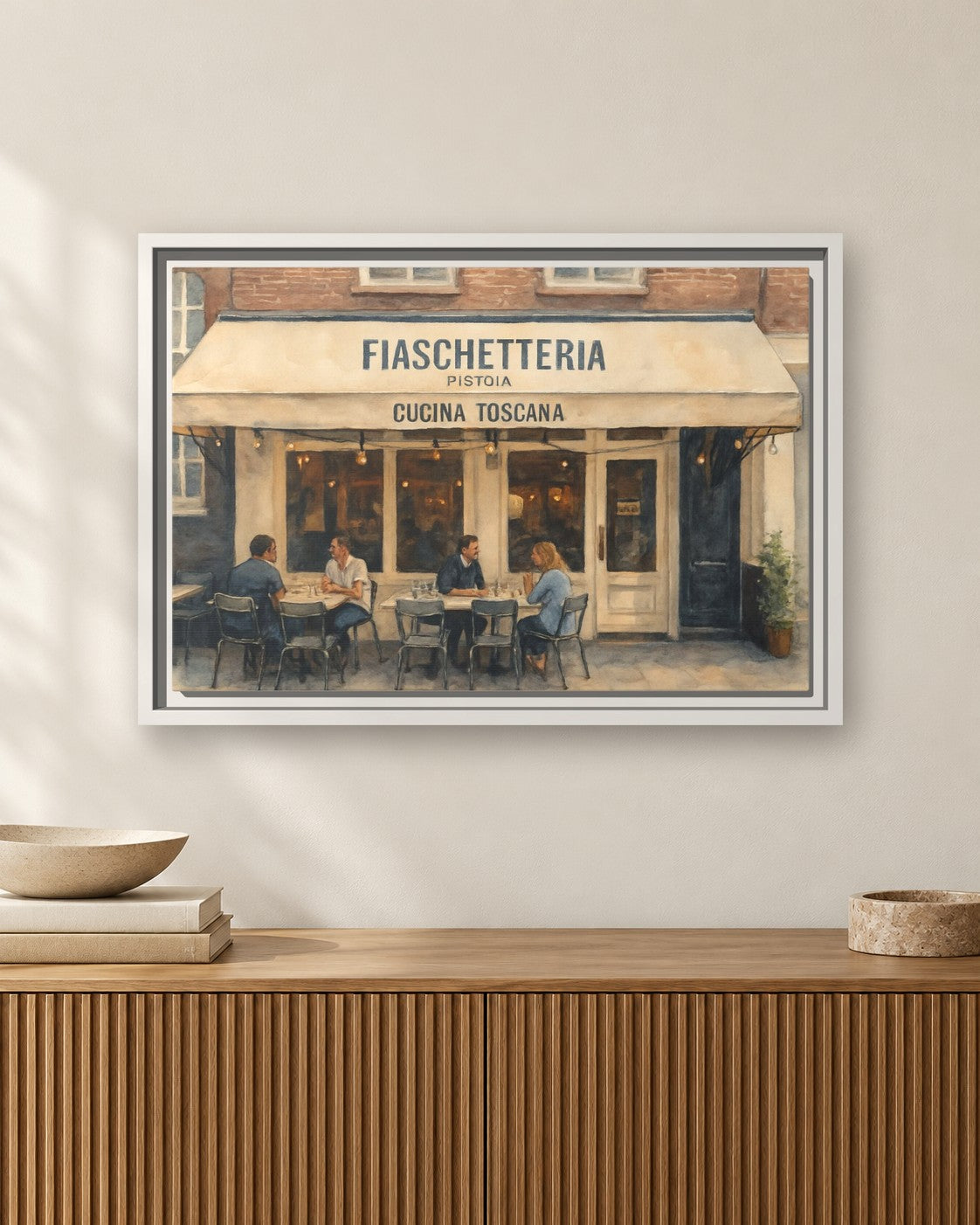 Fiaschetteria Pistoia framed canvas print hanging above a sideboard