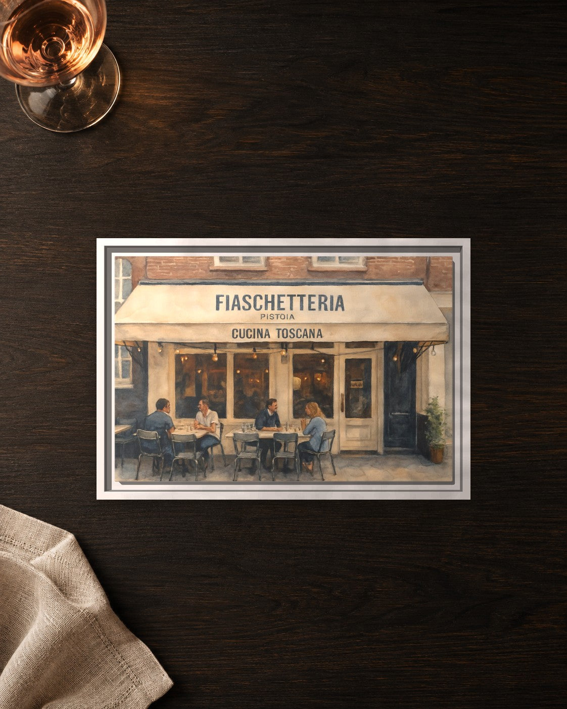 Fiaschetteria Pistoia framed canvas print lying on a table