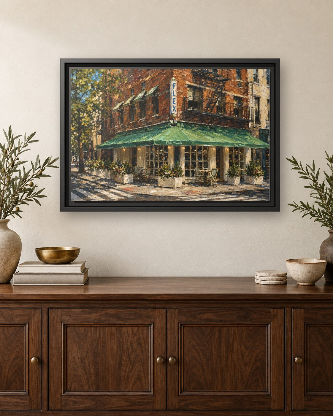 Flex Mussels framed canvas print hanging above a credenza