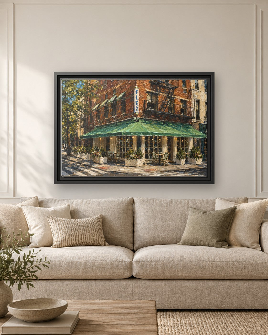Flex Mussels framed canvas print hanging above a sofa