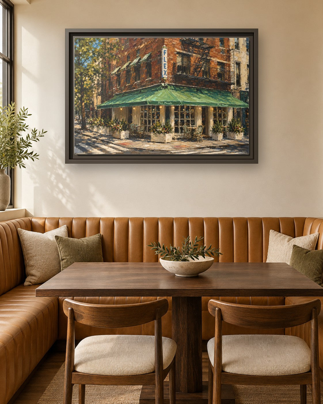 Flex Mussels framed canvas print in a breakfast nook