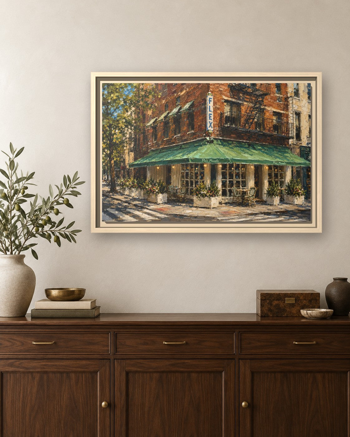 Flex Mussels framed canvas print hanging above a sideboard