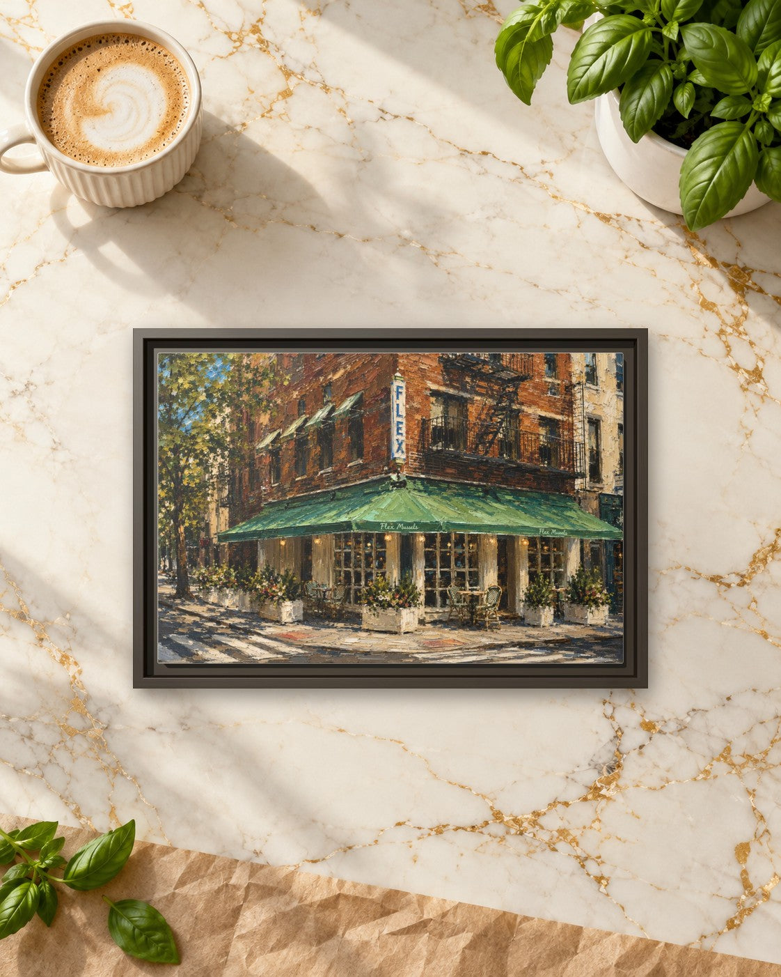 Flex Mussels framed canvas print lying on a table