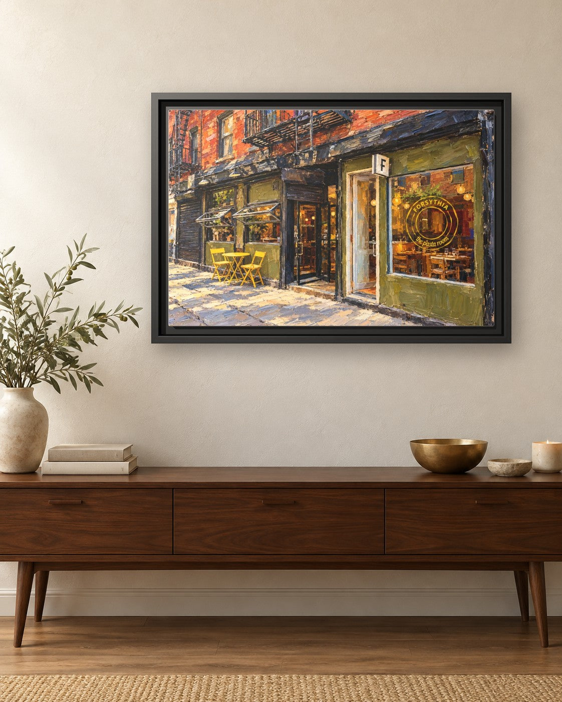 Forsythia framed canvas print hanging above a credenza