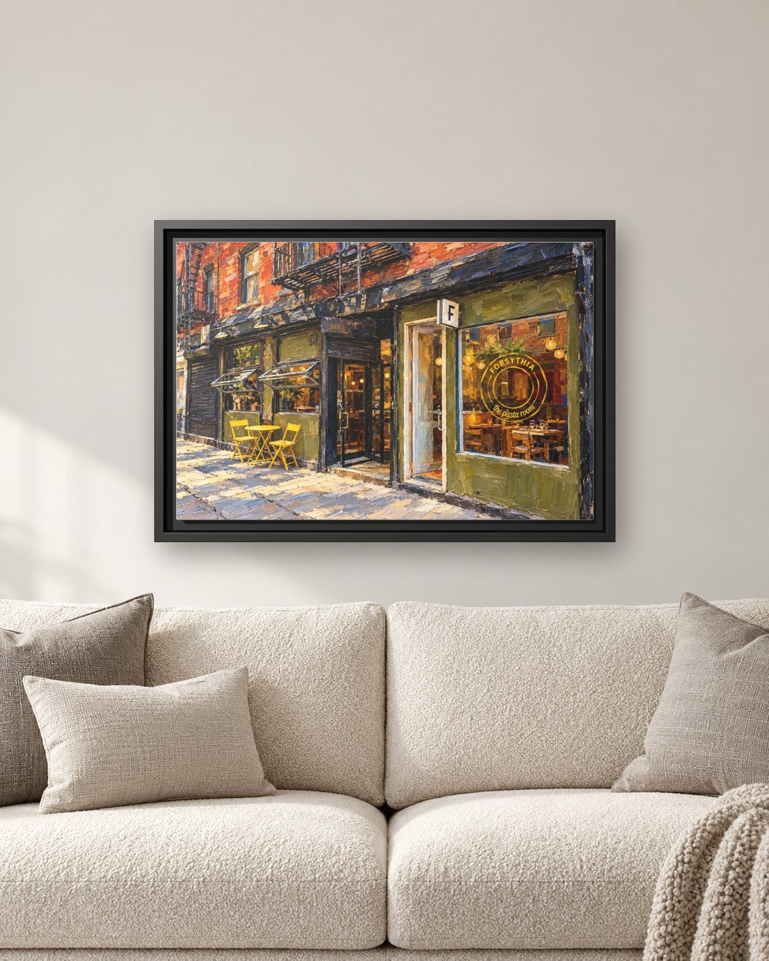 Forsythia framed canvas print hanging above a sofa