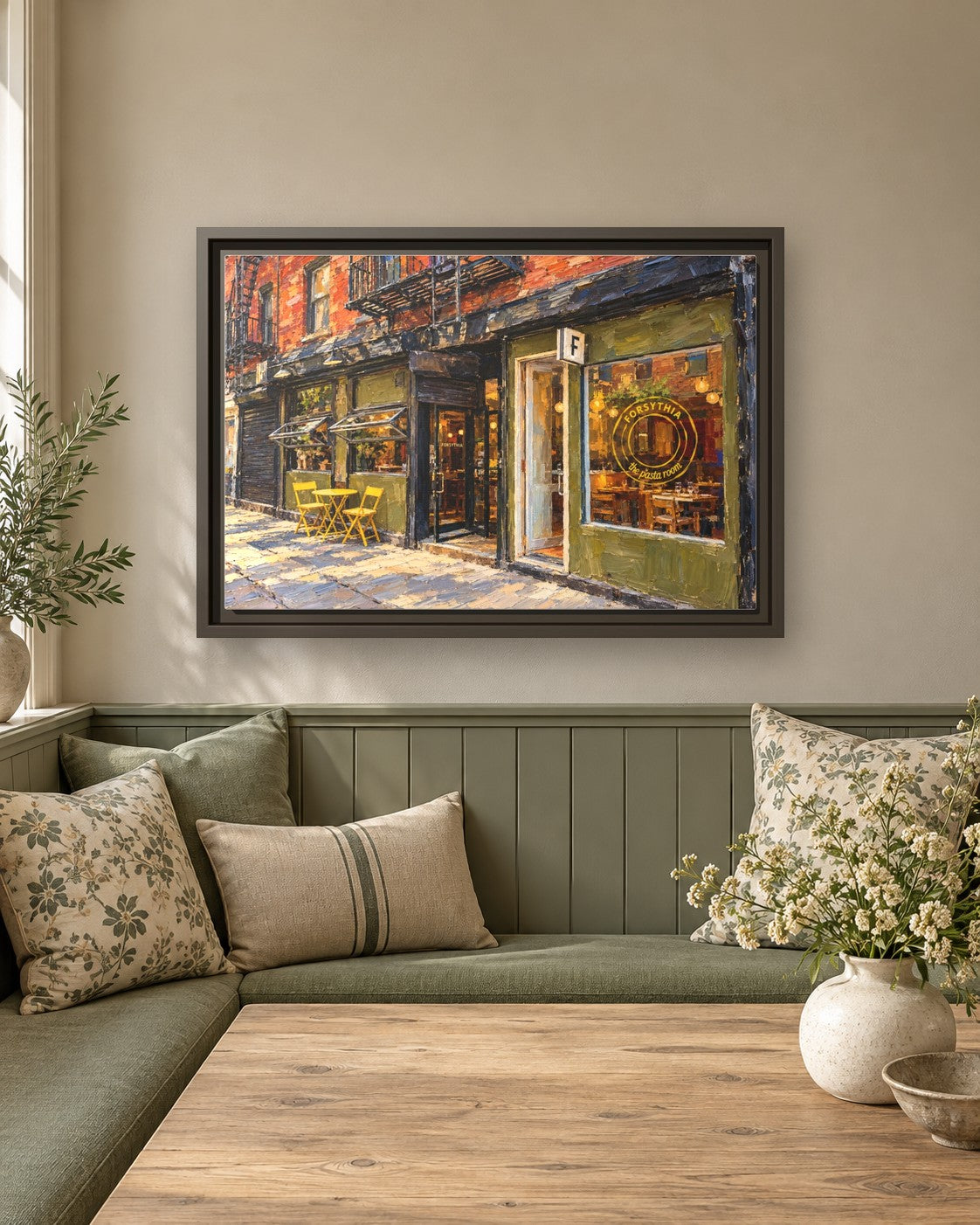 Forsythia framed canvas print in a breakfast nook