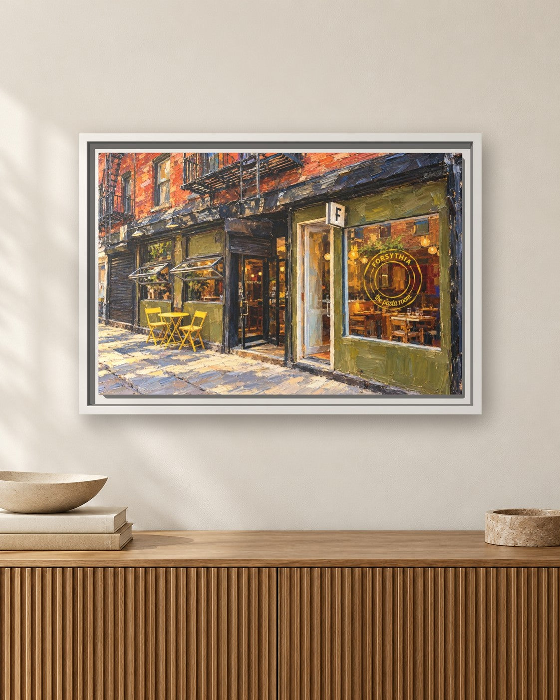 Forsythia framed canvas print hanging above a sideboard