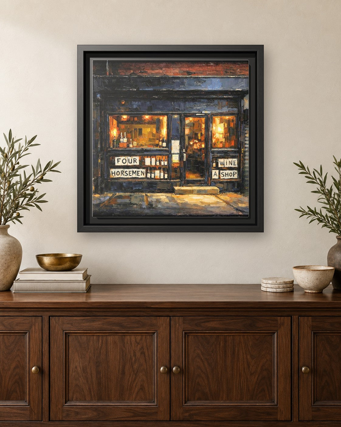 The Four Horsemen framed canvas print hanging above a credenza