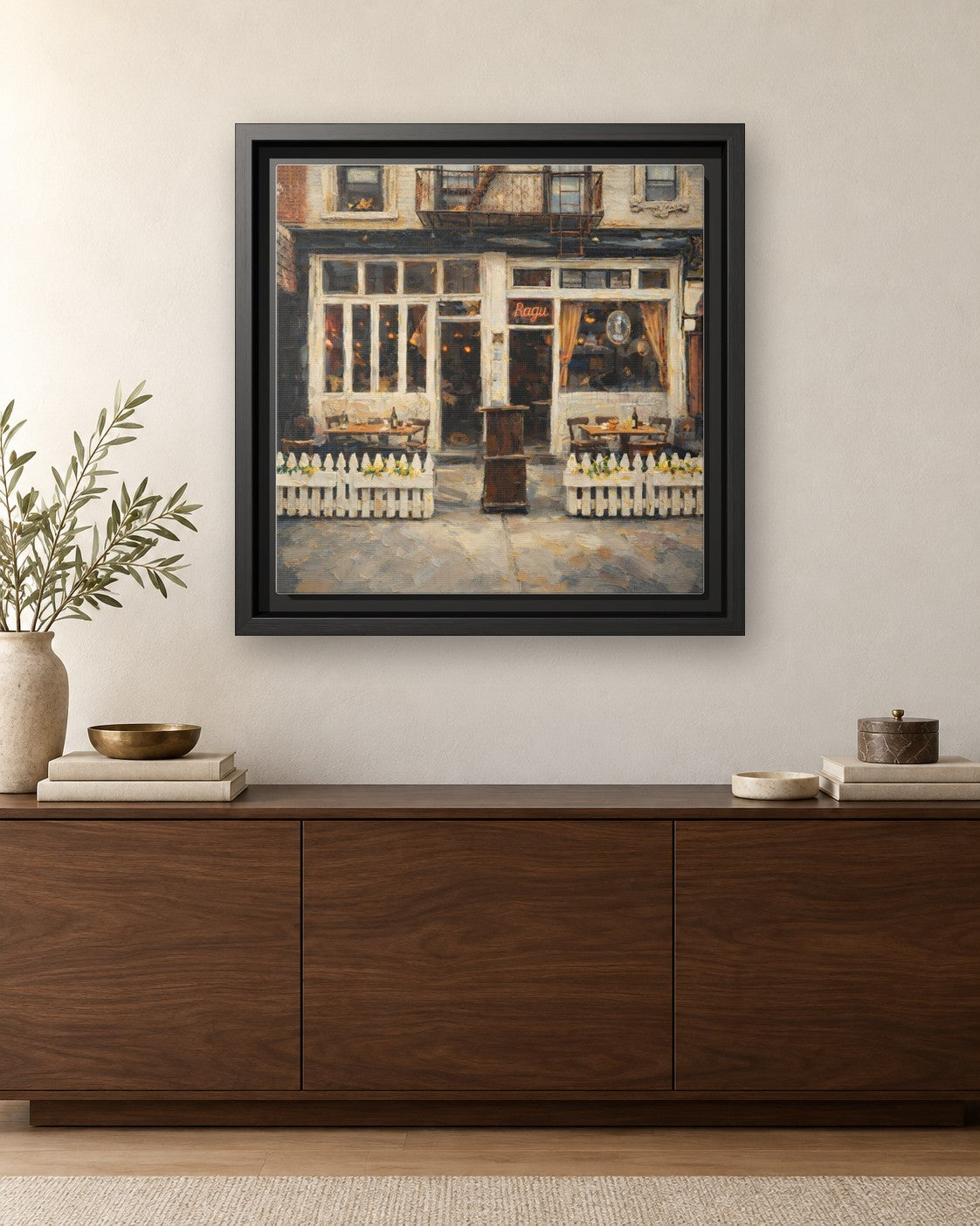 Frank framed canvas print hanging above a credenza