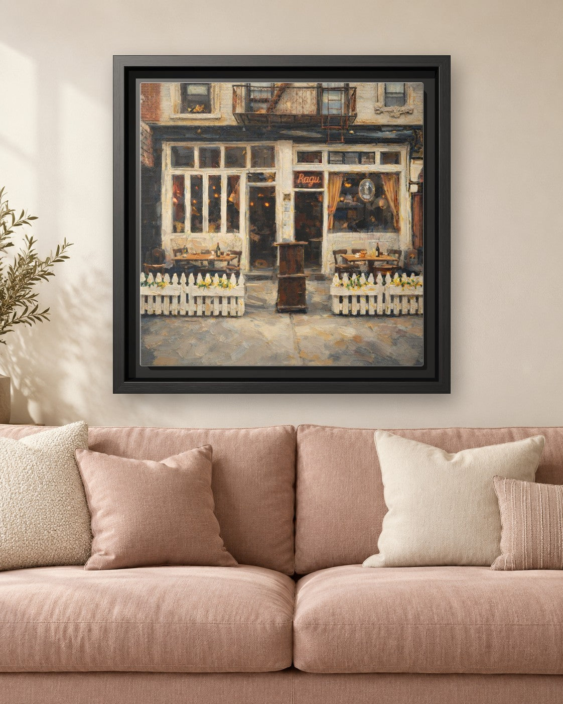 Frank framed canvas print hanging above a sofa