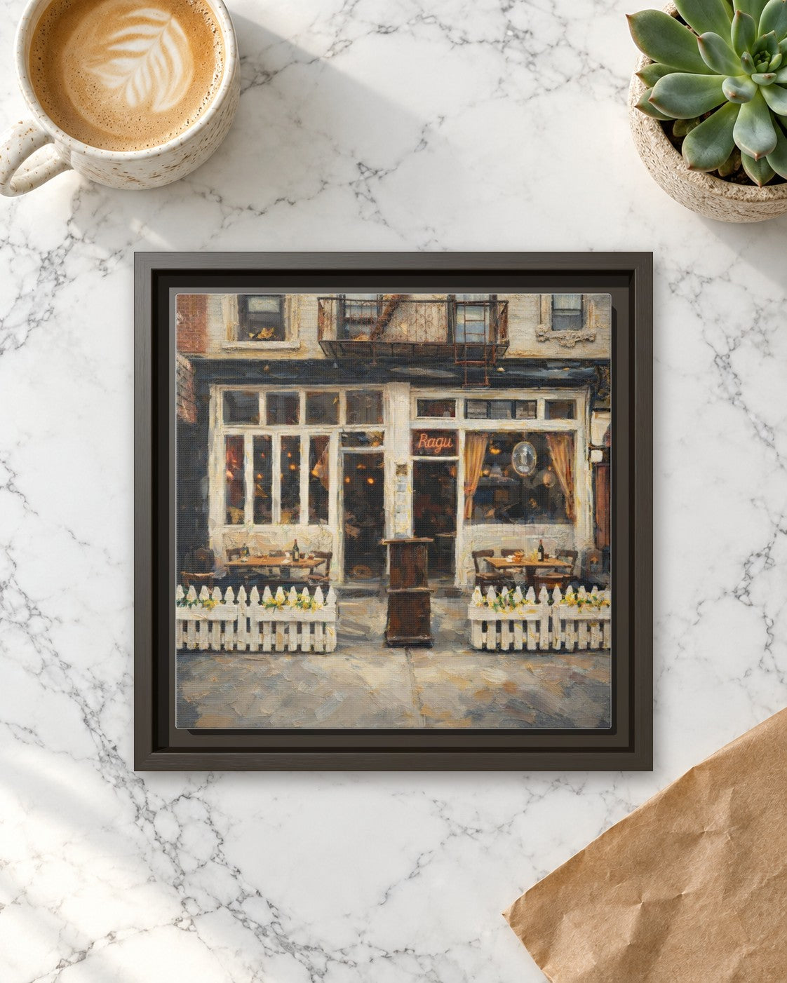 Frank framed canvas print lying on a table