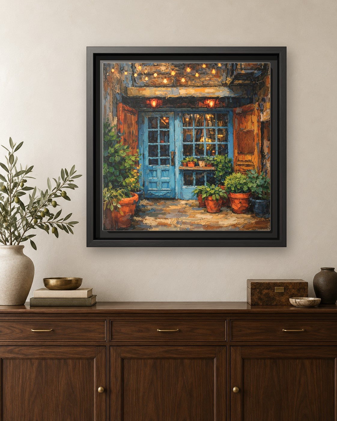 Freeman's framed canvas print hanging above a credenza