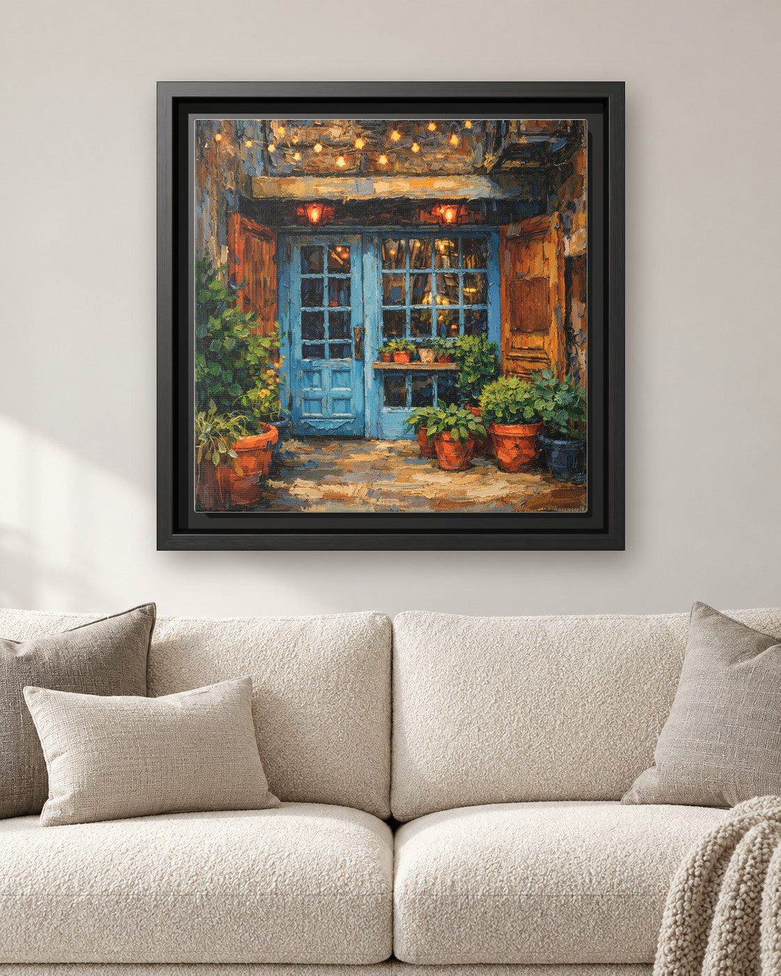 Freeman's framed canvas print hanging above a sofa