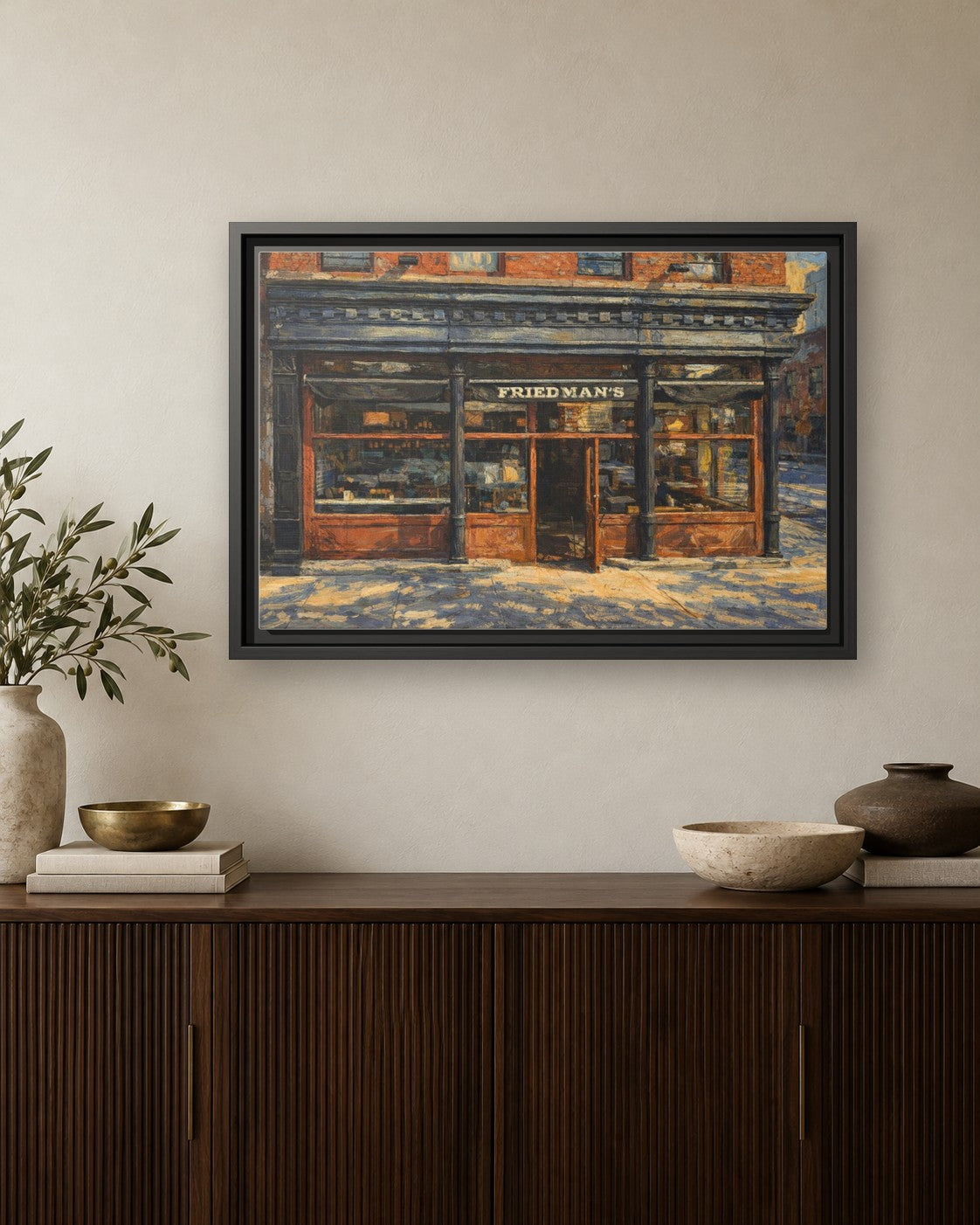 Friedman's Restaurant framed canvas print hanging above a credenza