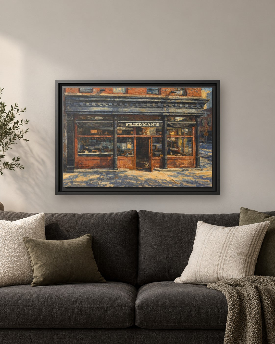 Friedman's Restaurant framed canvas print hanging above a sofa