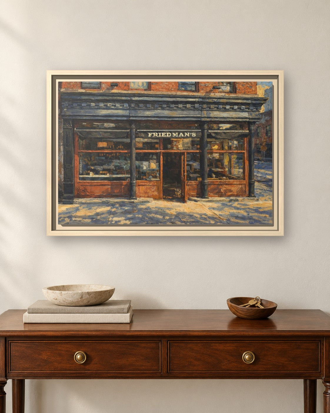 Friedman's Restaurant framed canvas print hanging above a sideboard