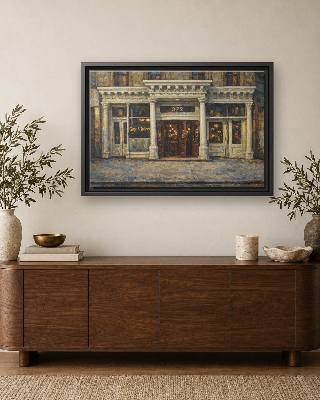 Gage & Tollner framed canvas print hanging above a credenza