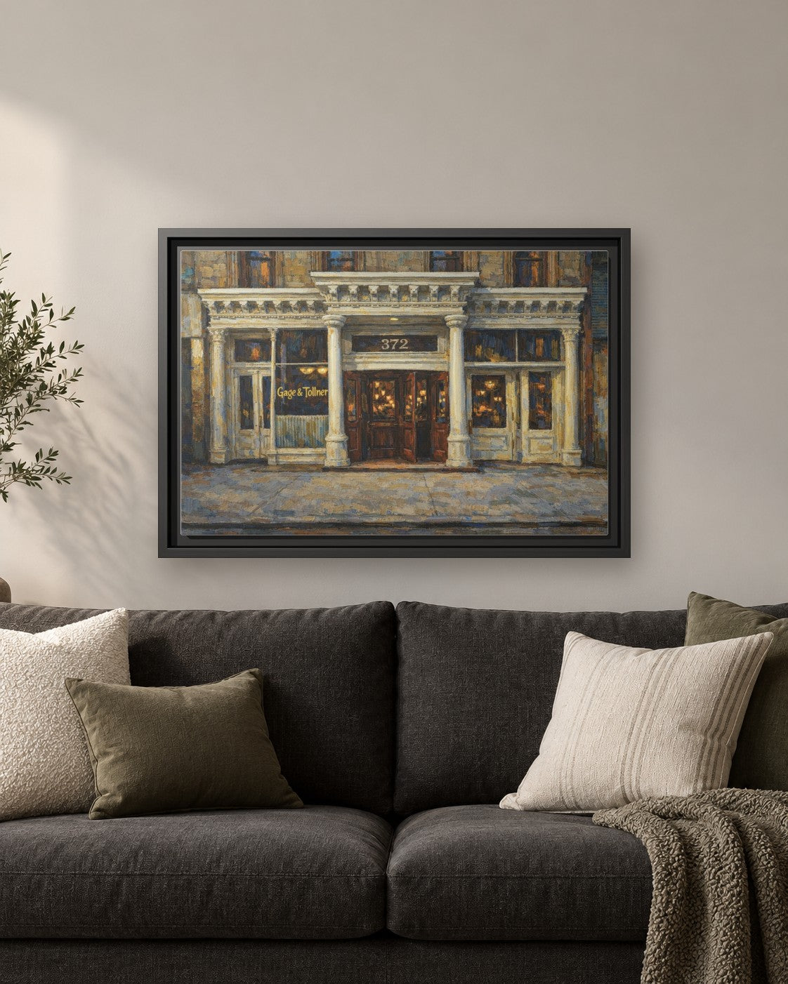 Gage & Tollner framed canvas print hanging above a sofa
