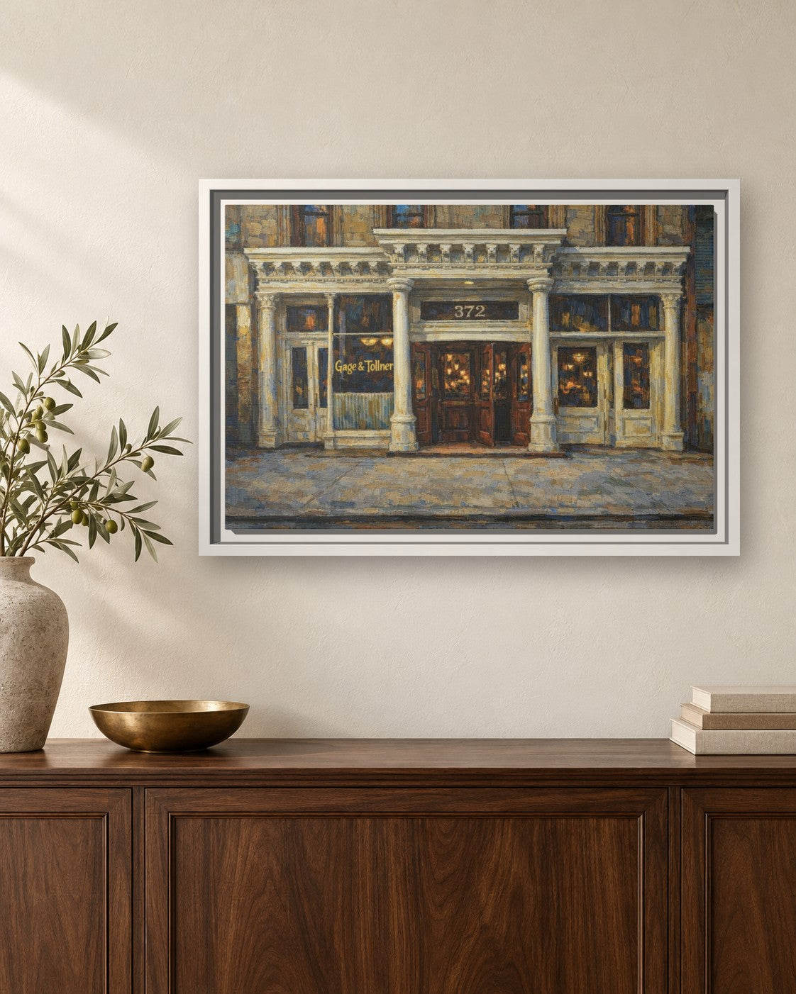Gage & Tollner framed canvas print hanging above a sideboard