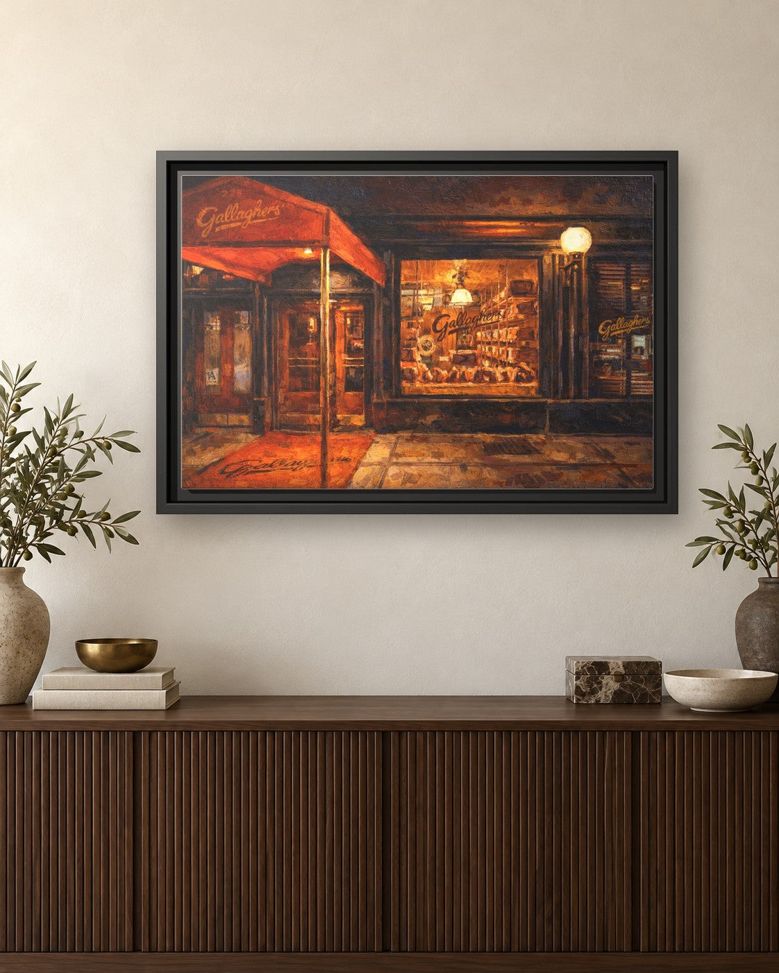 Gallaghers Steakhouse framed canvas print hanging above a credenza