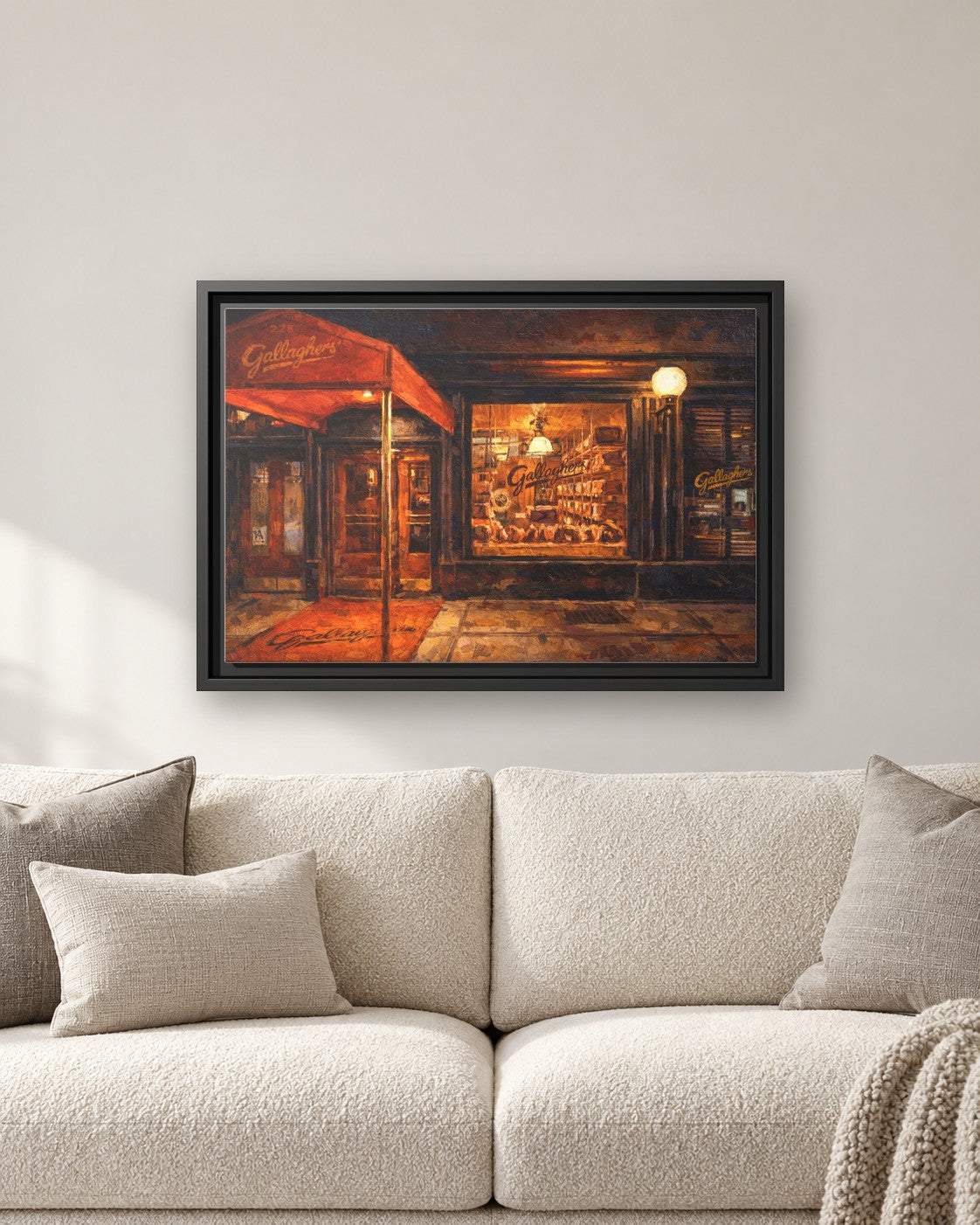 Gallaghers Steakhouse framed canvas print hanging above a sofa
