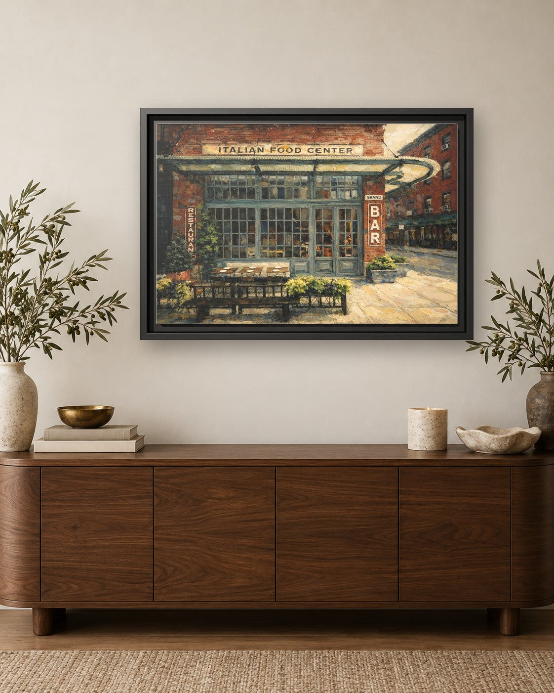 Gelso & Grand framed canvas print hanging above a credenza
