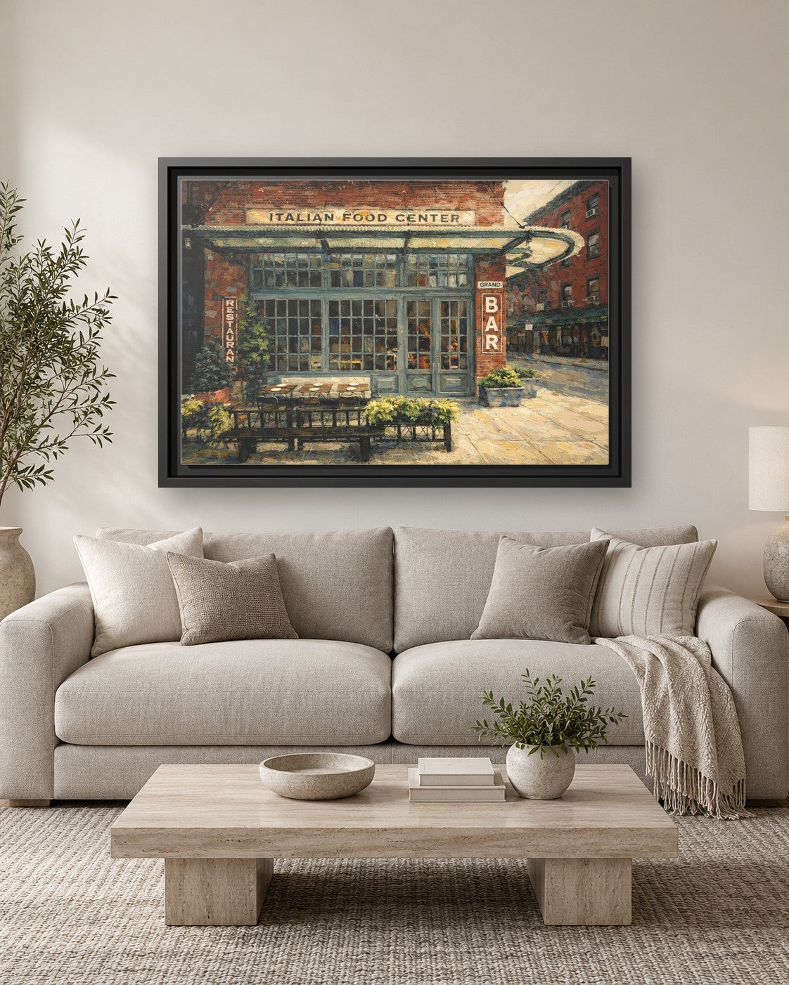 Gelso & Grand framed canvas print hanging above a sofa