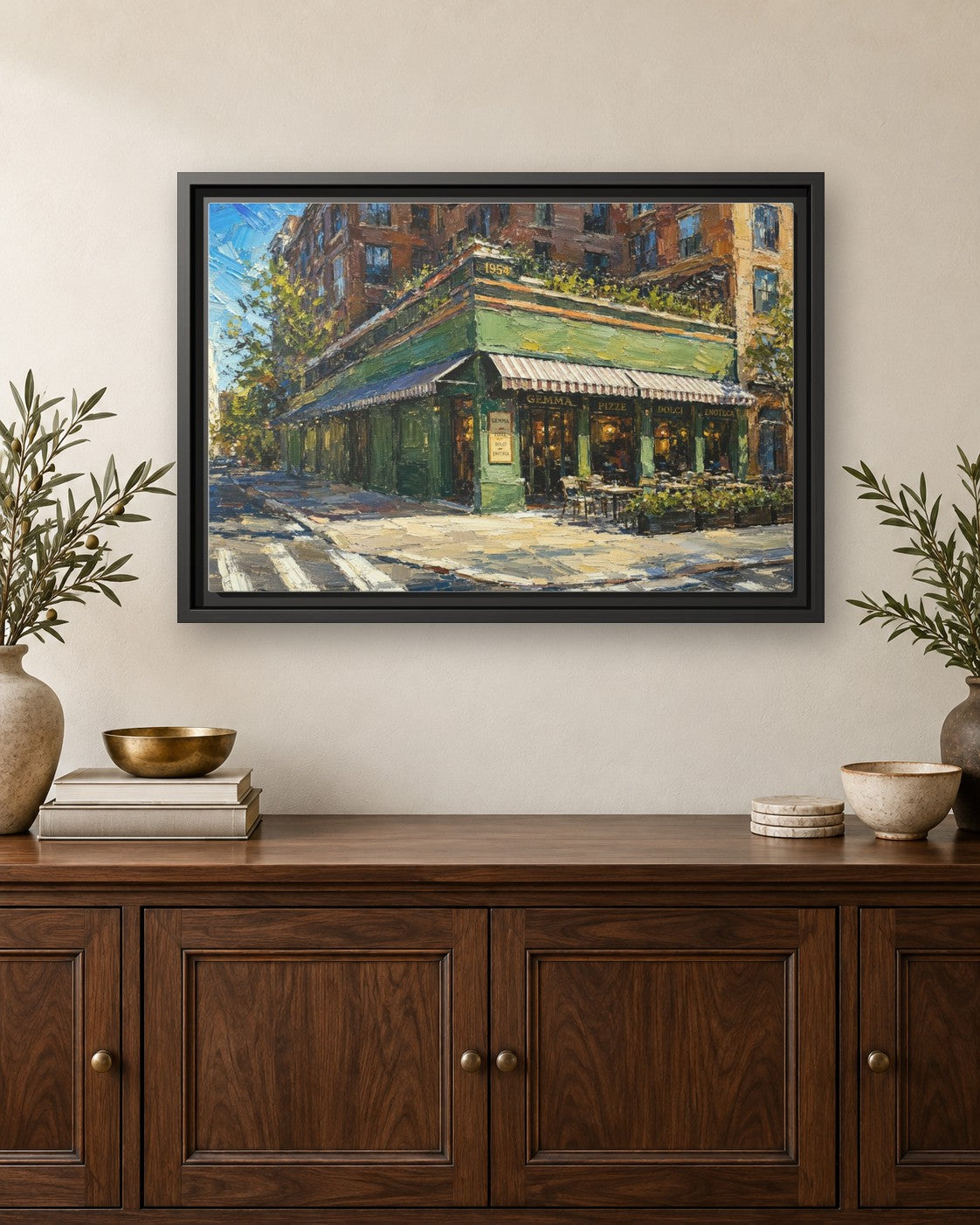 Gemma framed canvas print hanging above a credenza