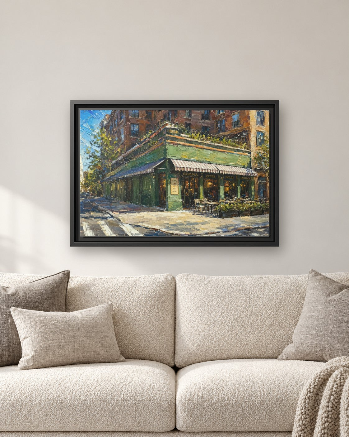 Gemma framed canvas print hanging above a sofa