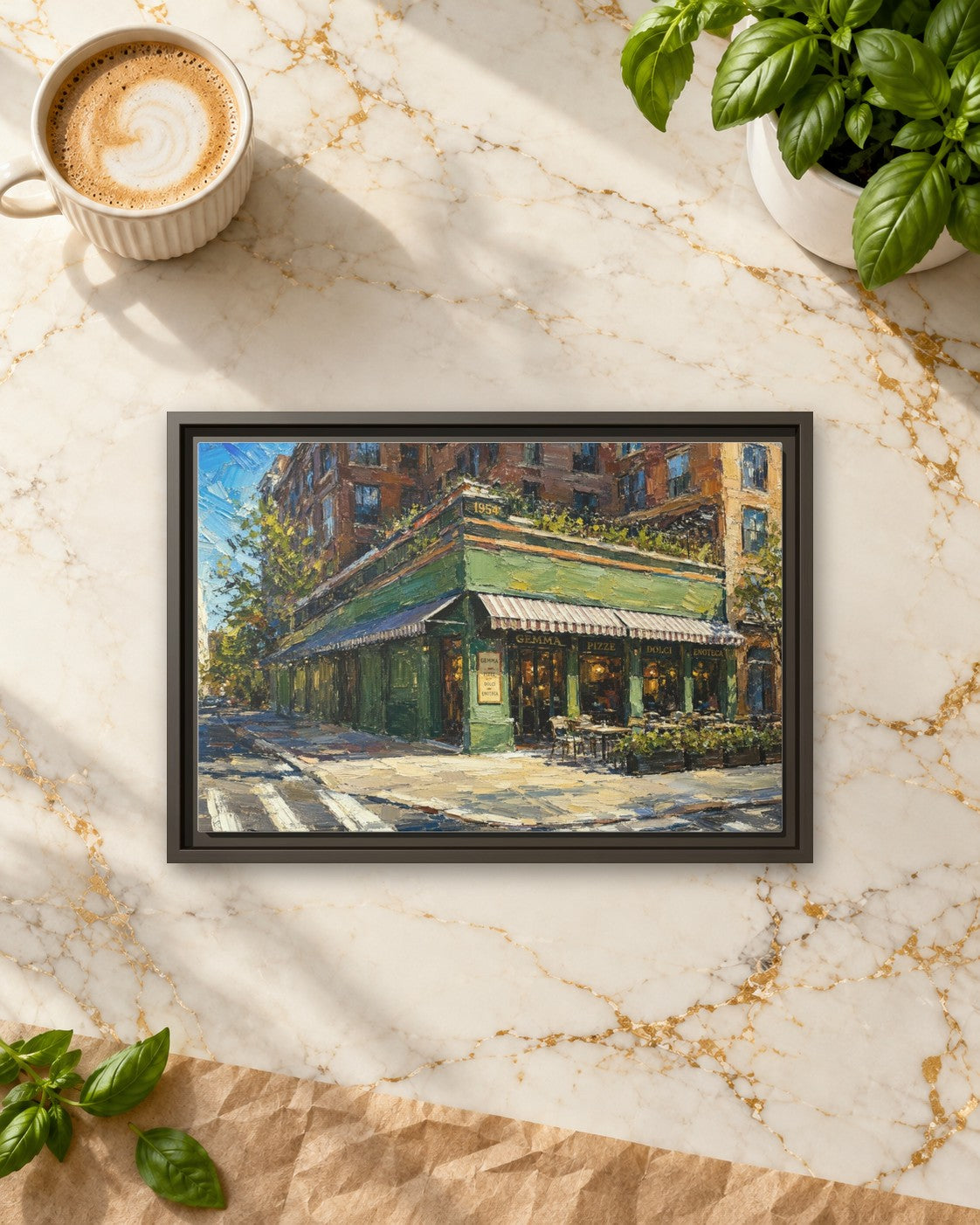 Gemma framed canvas print lying on a table