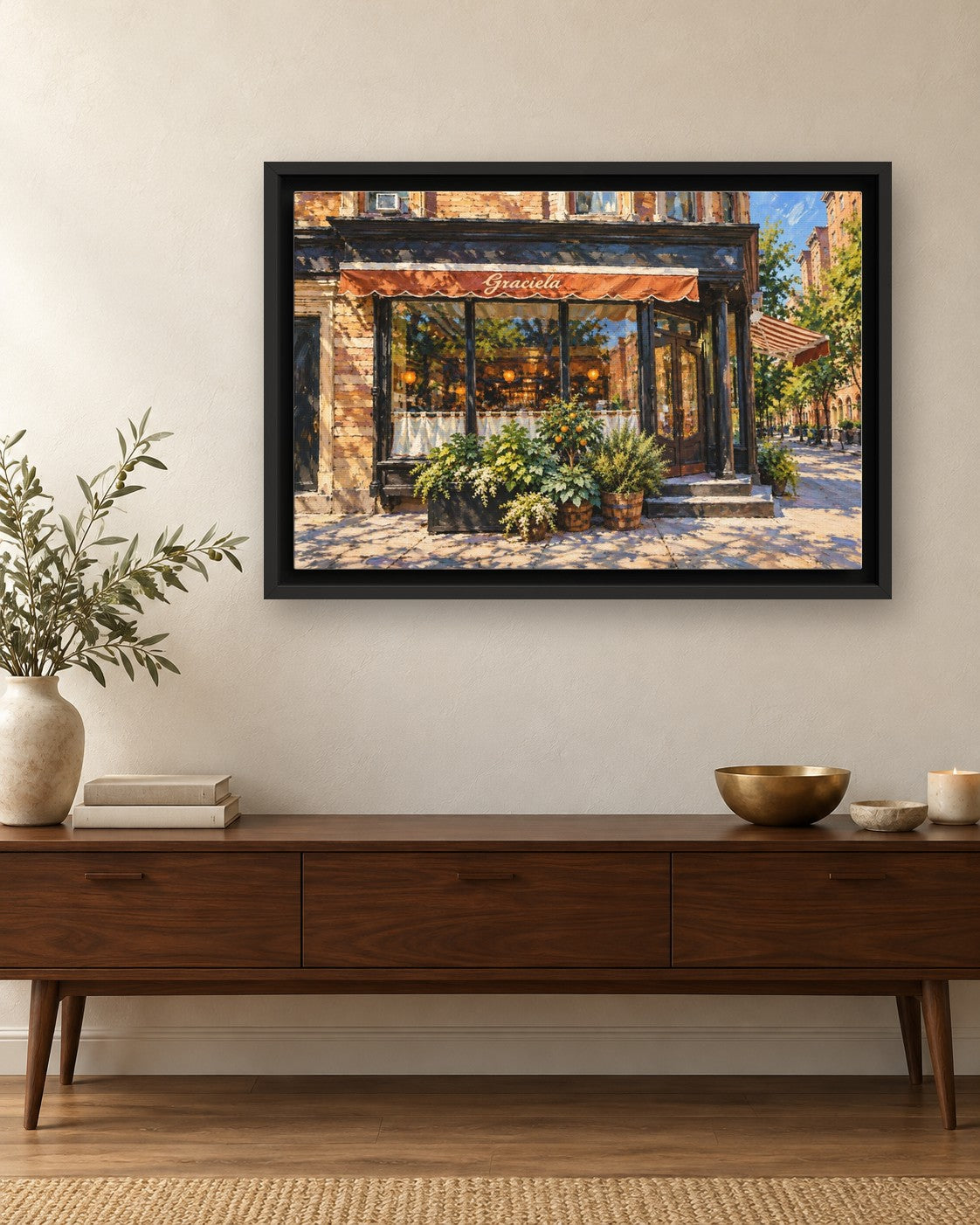 Graciela framed canvas print hanging above a credenza