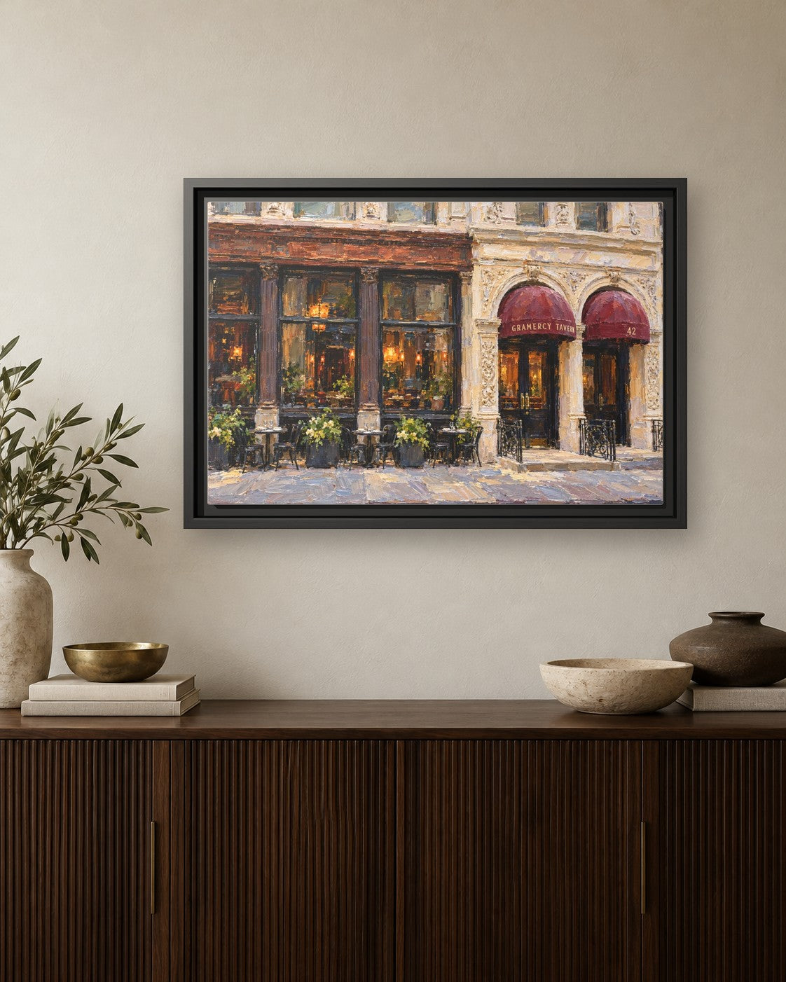 Gramercy Tavern framed canvas print hanging above a credenza