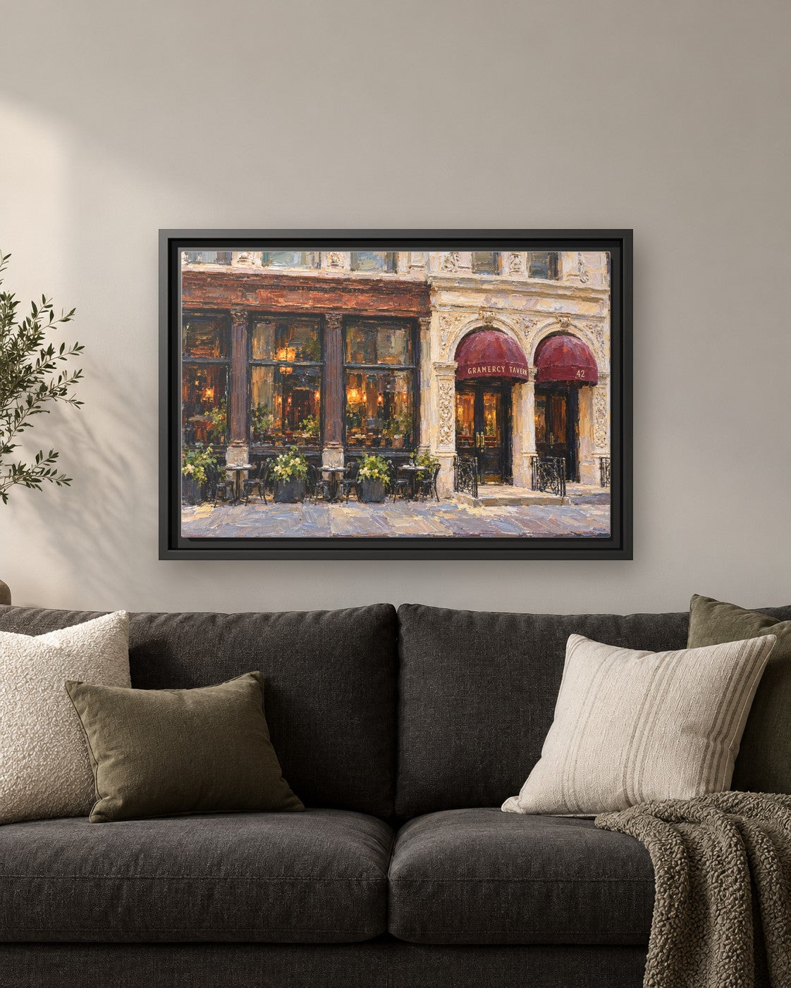 Gramercy Tavern framed canvas print hanging above a sofa