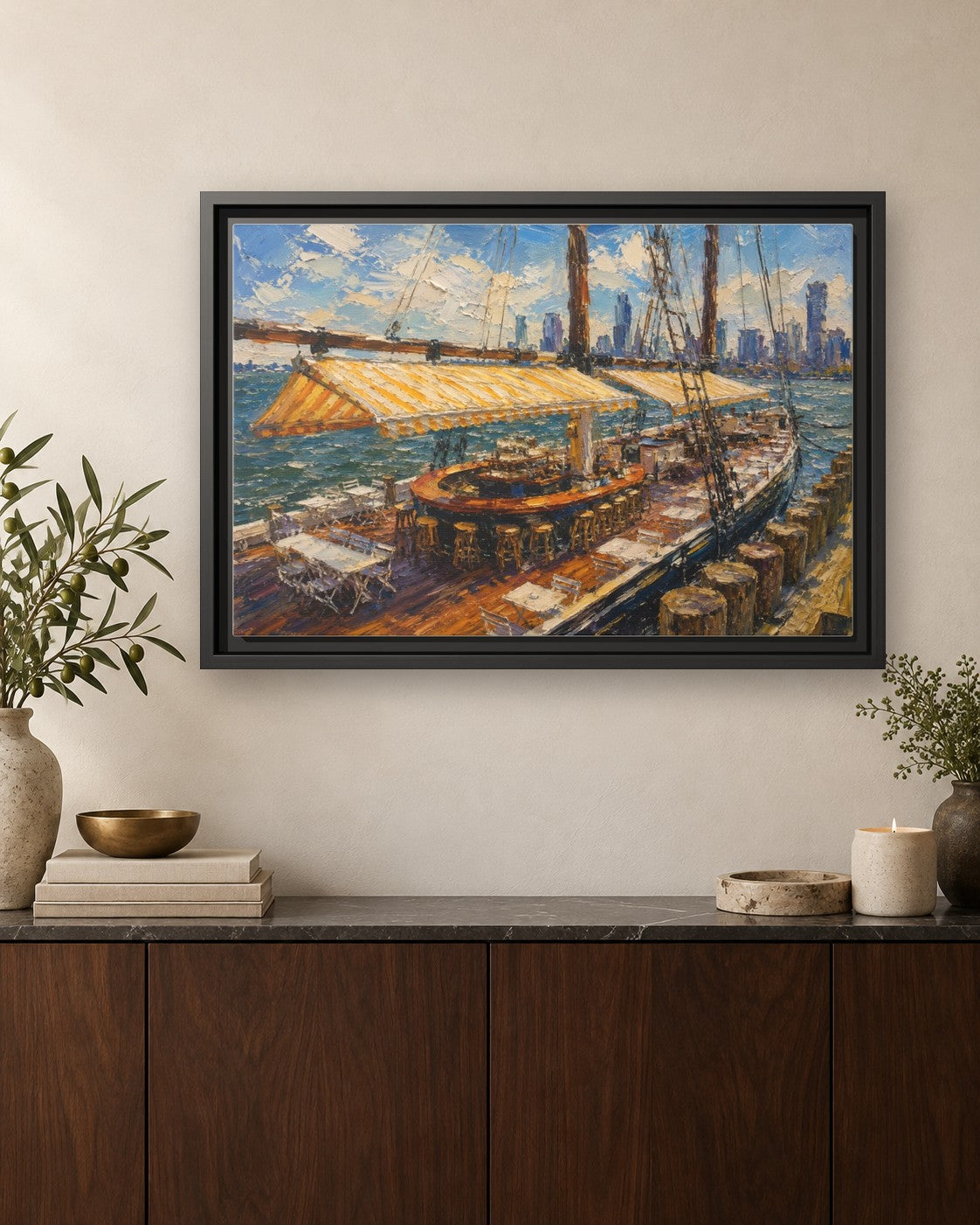 Grand Banks framed canvas print hanging above a credenza