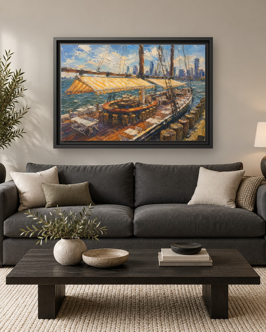 Grand Banks framed canvas print hanging above a sofa