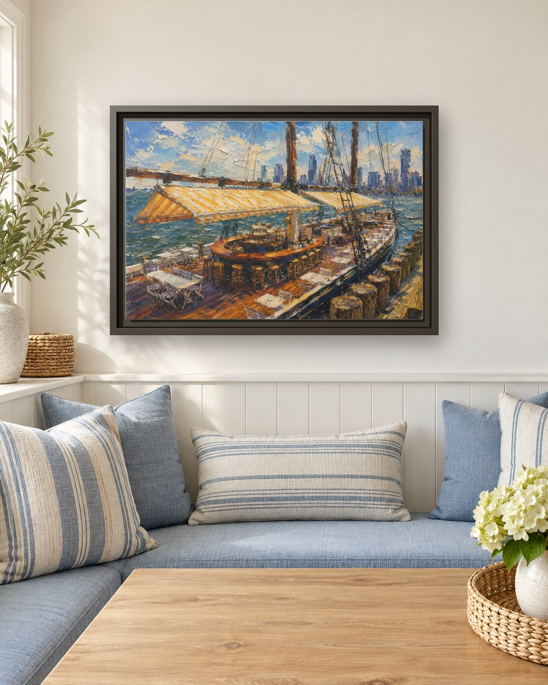 Grand Banks framed canvas print in a breakfast nook
