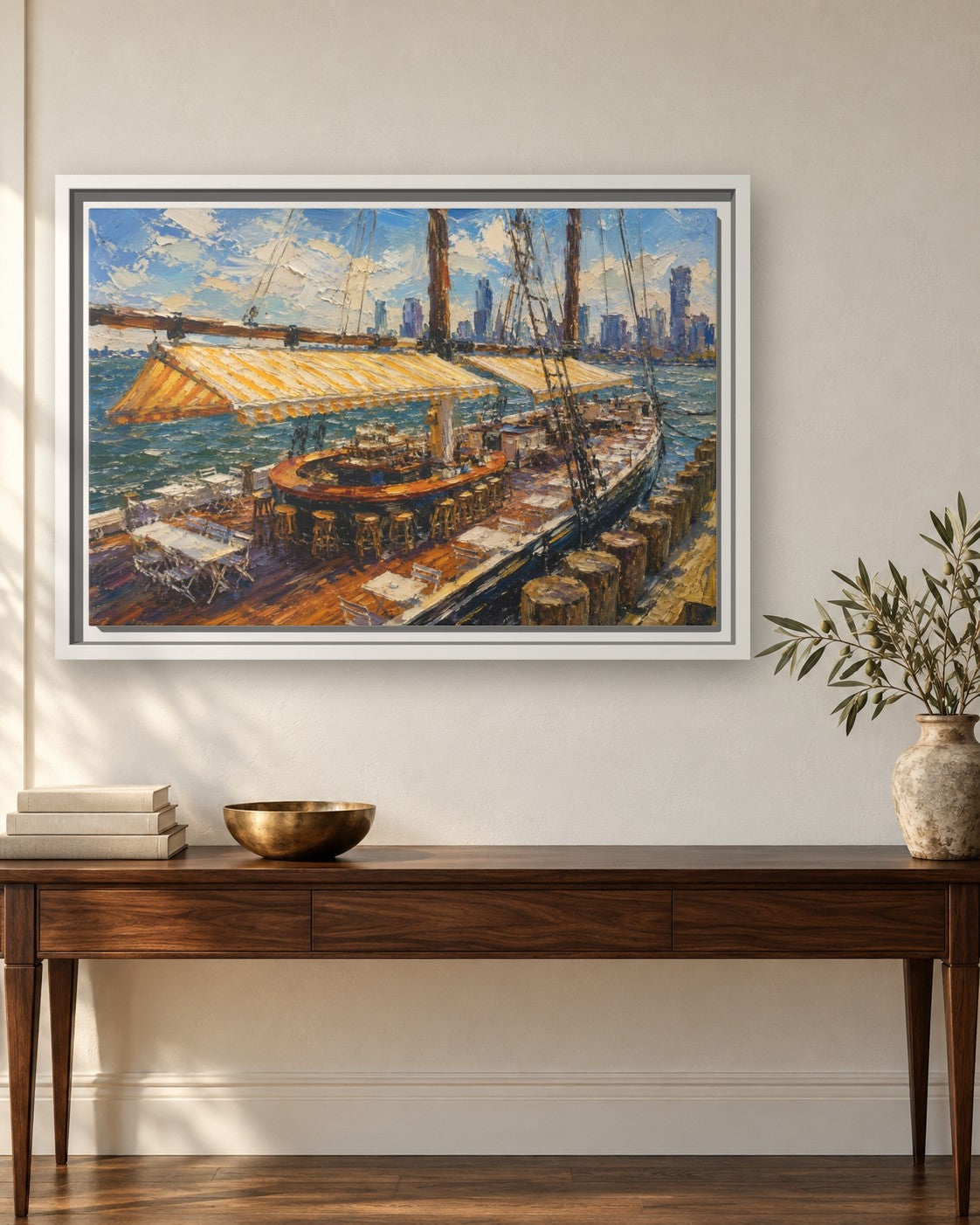 Grand Banks framed canvas print hanging above a sideboard