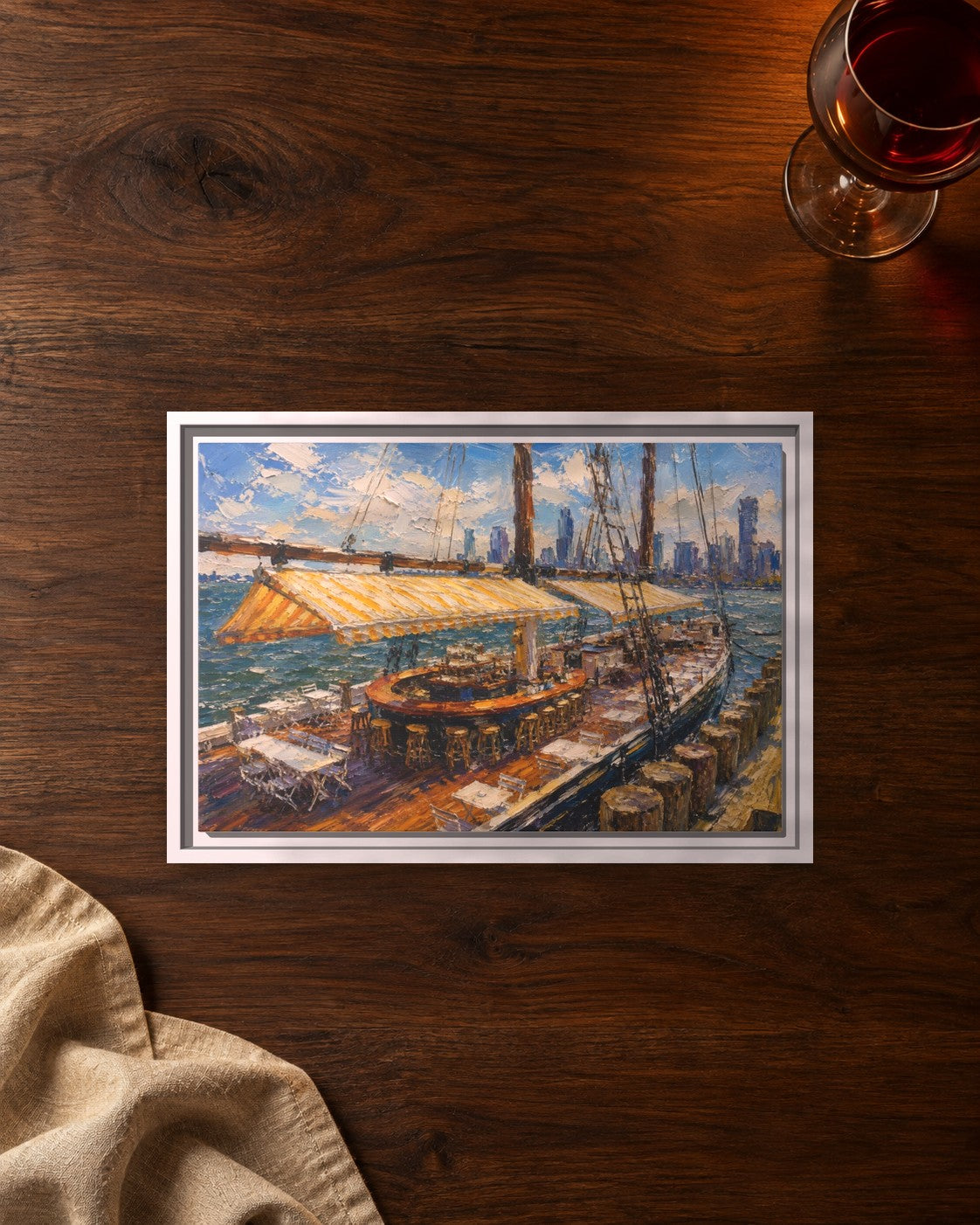 Grand Banks framed canvas print lying on a table