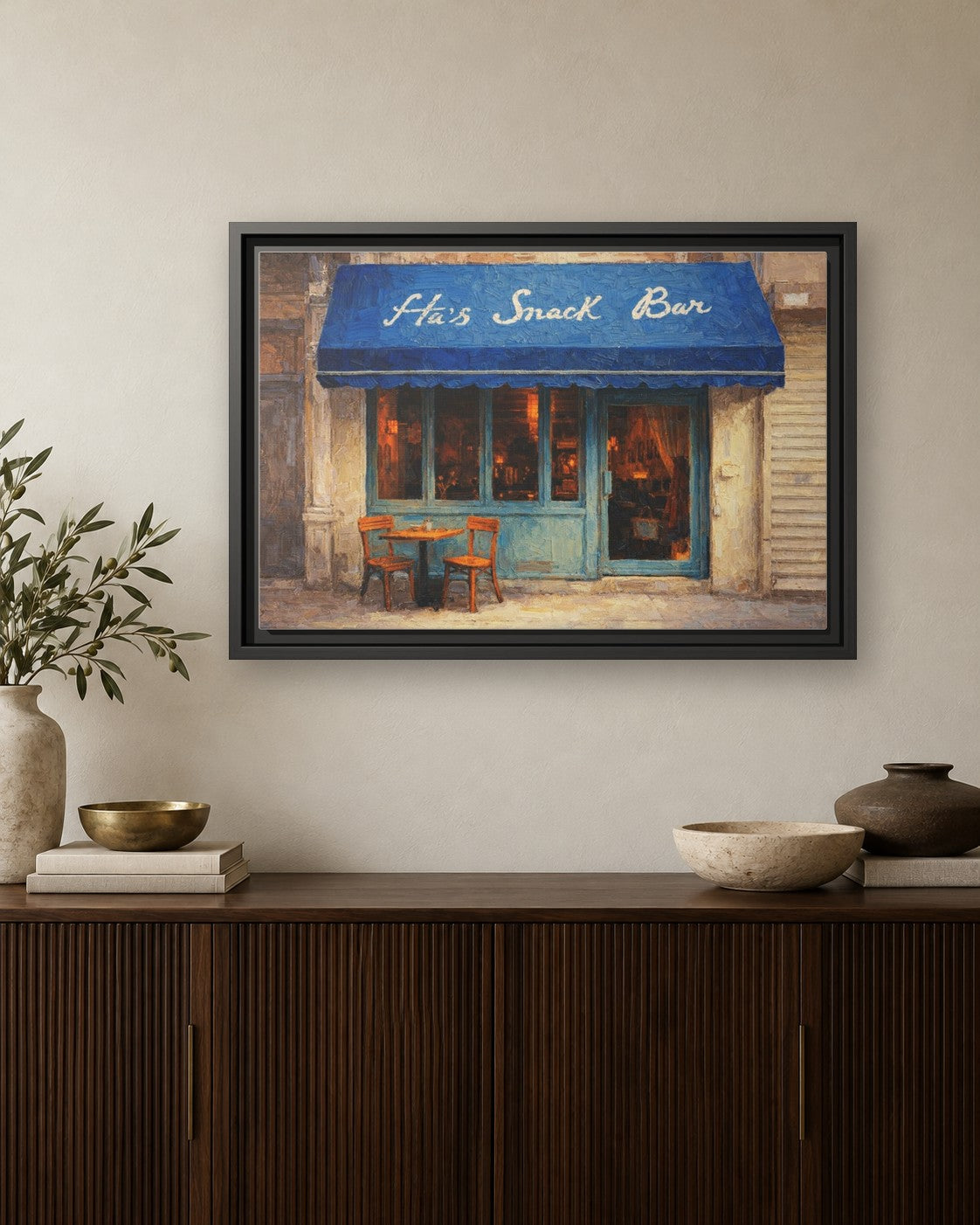Ha's Snack Bar framed canvas print hanging above a credenza