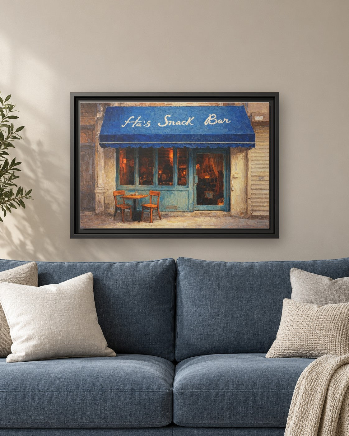 Ha's Snack Bar framed canvas print hanging above a sofa