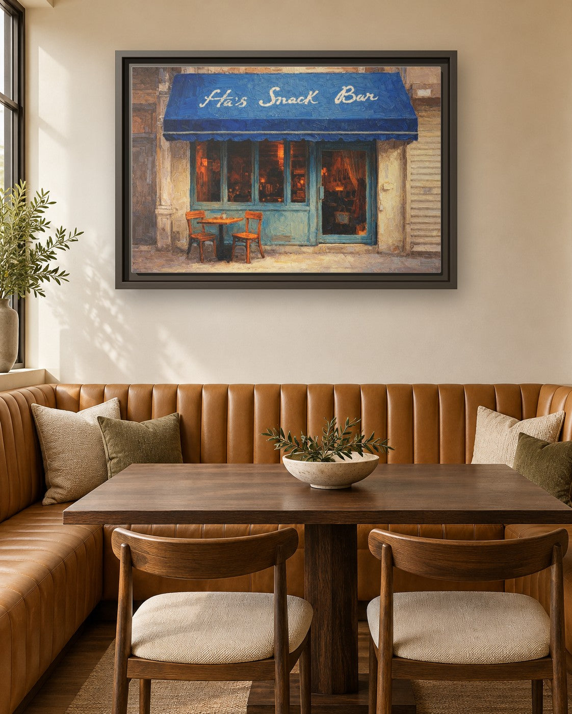 Ha's Snack Bar framed canvas print in a breakfast nook