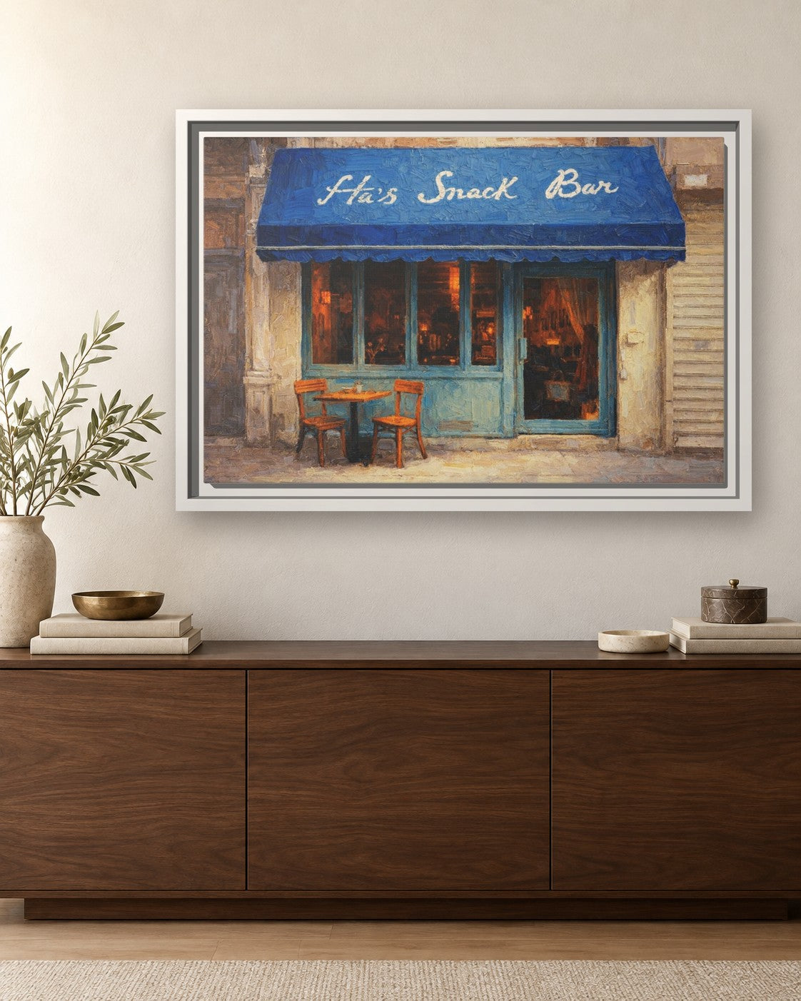 Ha's Snack Bar framed canvas print hanging above a sideboard