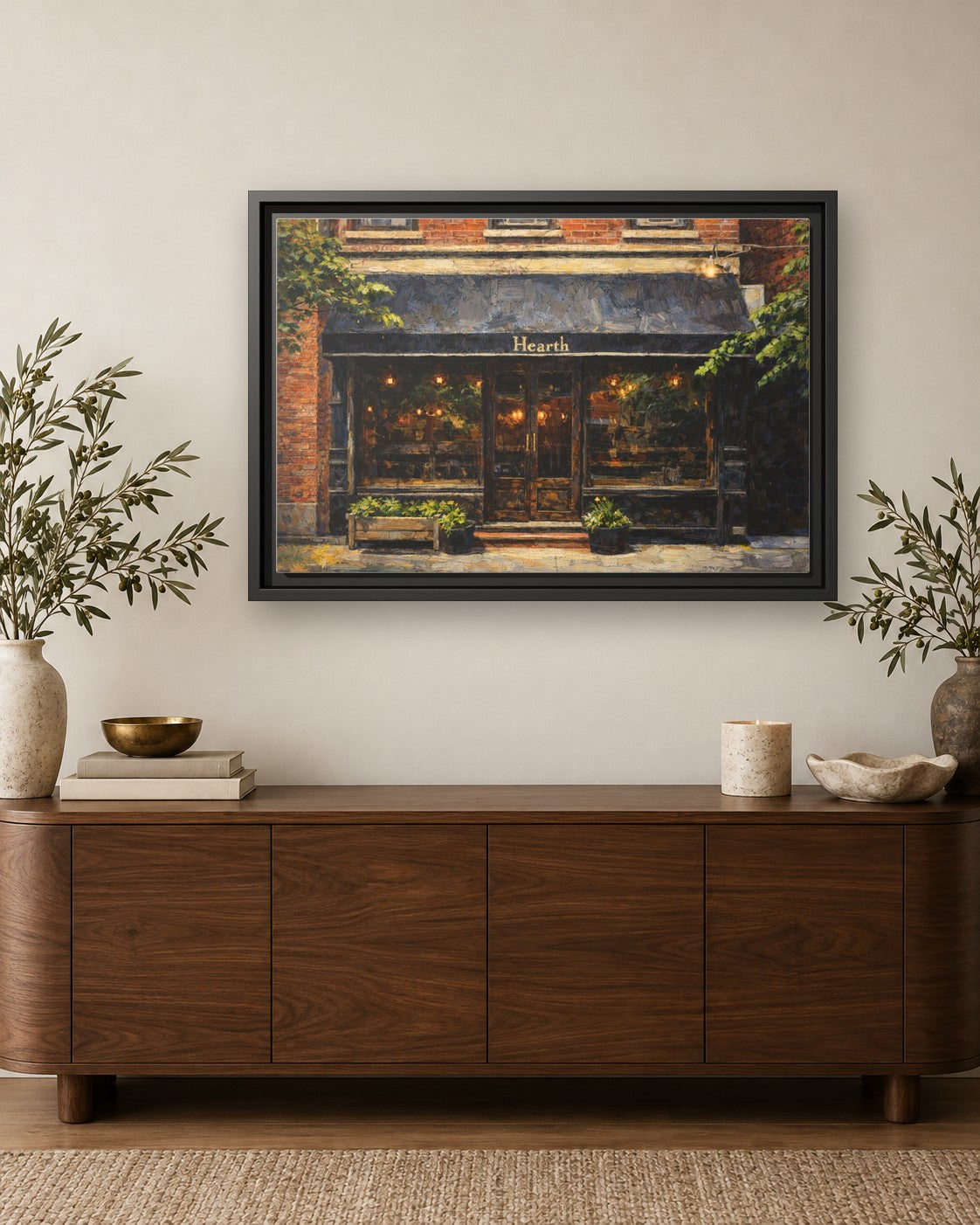 Hearth framed canvas print hanging above a credenza